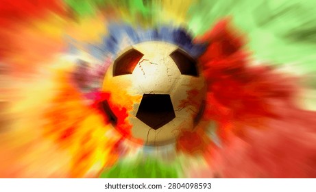 A classic soccer ball exploding through a vibrant background of colorful splash and dynamic zoom motion blur. Perfect for sports energy, power, and passion concepts.