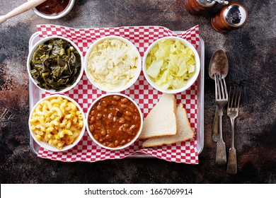 Classic Southern Bbq Sides With Beans, Cole Slaw, Mac And Cheese And Collard Greens