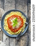 Classic spaghettis bolognaise top view 