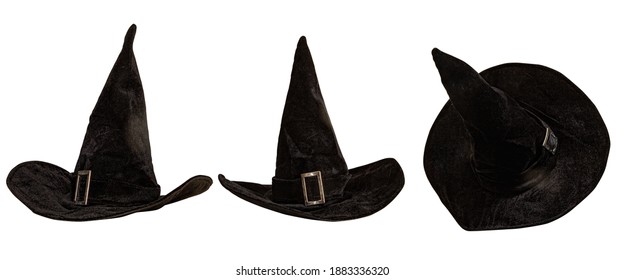 Classic Spiky Fairy Tale Halloween Witch Hat In Multiple Positions On White Background