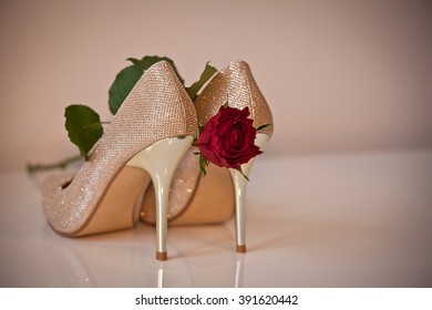 Classic Stiletto High Heels, Gold Women's Shoes With Rose. 