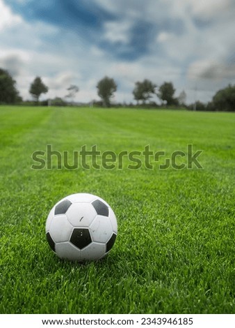 Classic style foot or soccer ball on freshly cut grass of training field. Getting ready for the game concept. New season of the game. Traditional form and color of ball.