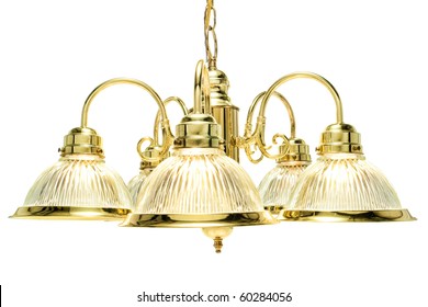 Classic Style Home Dining Room Bright Brass With Glass Shades Chandelier Light Fixture Isolated On White