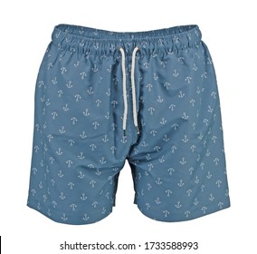 Classic men’s swimwear Sports Quick Dry. Beach shorts Bermudas. Blue trunks swimming with anchors print.
 - Shutterstock ID 1733588993