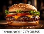 classic tasty burger on a wooden tablet, burger menu, junk fast food, french fries and the burger with meat, cooking a burger at home