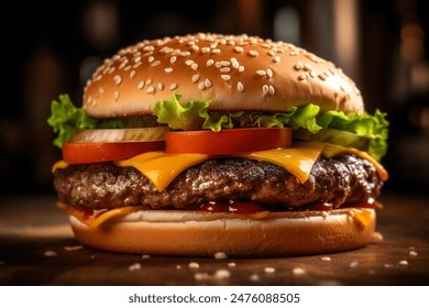 classic tasty burger on a wooden tablet, burger menu, junk fast food, french fries and the burger with meat, cooking a burger at home - Powered by Shutterstock