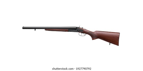 Classic trigger double-barreled hunting rifle on a white  background. Smooth-bore hunting rifle.