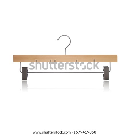 Classic trouser & skirt vintage wooden hanger comes with metal clips isolated on white background. For e-commerce, advertising, branding and mock up usage. 
