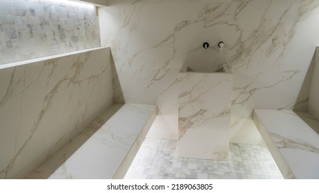 Classic Turkish Hammam. White Turkish Bath With Marble Surfaces. Marble Oriental Bathroom. Steam Bath Interior. Traditional Turkish Bathroom Interior.