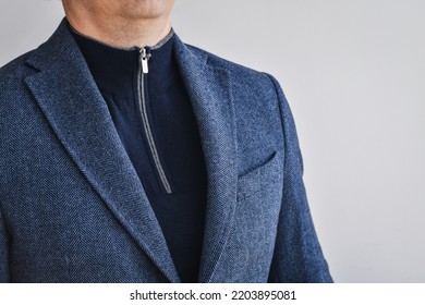 Classic Tweed Men's Jacket With Blue Sweater With Zip. Fashion And Lifestyle. Portrait Of A Buisinessman In A Jacket. 