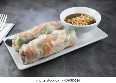 Classic Vietnamese Spring Roll. Shrimp, Pork, Cilantro, Mint And Peanut Sauce