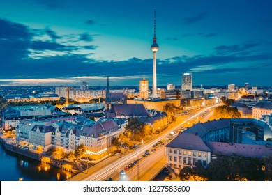 Classic view of Berlin skyline with famous TV tower and Spree in beautiful golden evening light at sunset, central Berlin Mitte, Germany