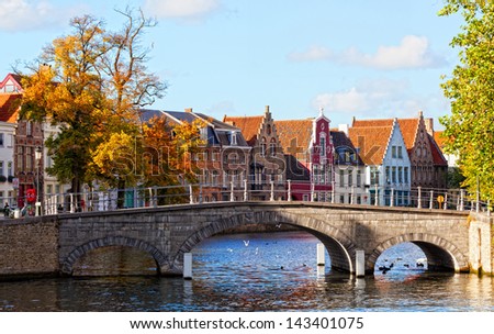 Classic view of channels of Bruges. Belgium. Medieval fairytale city.