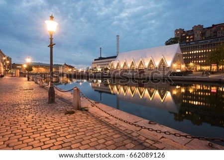A classic view of Fiskekyrka located in Gothenburg, Sweden. Fiskekyrka is an indoor fish market located in Gothenburg in Sweden. It got its name from the building that look likes a Gothic church. 