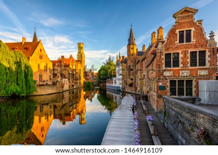 Classic view of the historic city center of Bruges (Brugge), West Flanders province, Belgium. Cityscape of Bruges.