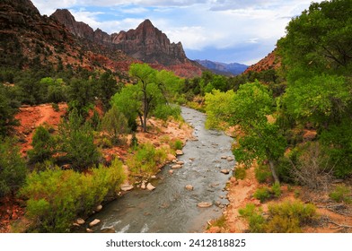 Classic view of the Virgin river and the Watchman from the Canyon Junction bridge, Zion National Park, Utah, Southwest USA.