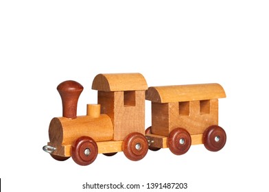 Classic Vintage Wood Toy, Train Toy Made By Real Wood For Children Isolated On White Background.