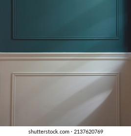 Classic Wainscot Wood Decoration Detail. Retro Blue And White Wooden Wall Panel Background, Closeup View. Interior Room Architecture Design