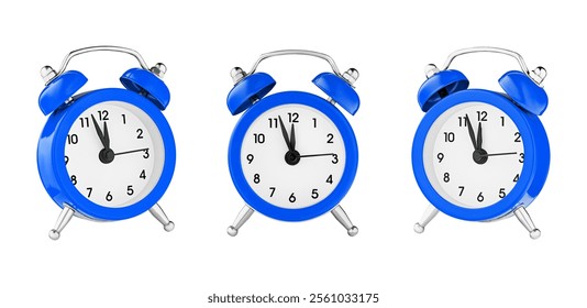 classic watch, pointer clock, Blue color alarm watch on isolated white background close up