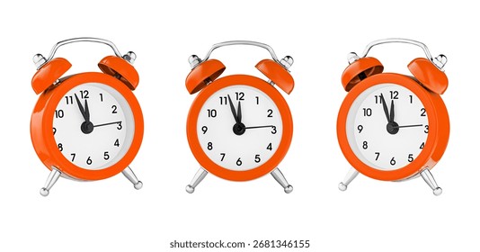 classic watch, pointer clock, Orange color alarm watch on isolated white background close up