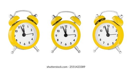 classic watch, pointer clock, Yellow color alarm watch on isolated white background close up