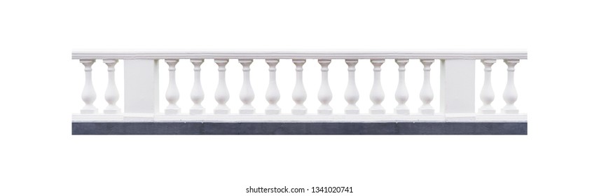 Classic white baroque balustrade isolated on white background, panoramic view, railing