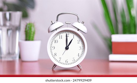 Classic white clock on a table. The clock hand points to 1 or 13, close up photo