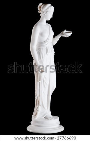 Classic white marble statue of Hebe, the goddess of youth, isolated on black background