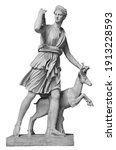 Classic white marble statuette Diana of Versailles isolated on white background. Scilpture of huntress with deer