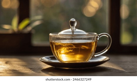 classic white tea glass with a thin gold stripe sits on an old wooden table. The golden brown tea was filled ¾ of the glass, with thin fine steam coming out of the top. A small silver tea spoon rested - Powered by Shutterstock