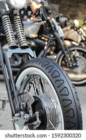 Classic White Wall Tire On The Front Wheel Of Custom Motorcycle
