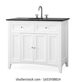 Classic Wooden Bathroom Vanity Isolated On White. Luxury Contemporary Vanity Cabinet With Black Granite Countertop And White Porcelain Sink. Bathroom Furniture. Cabinet & Drawers For The Essentials