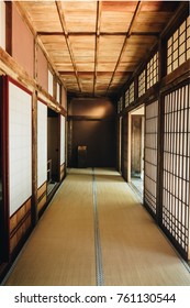 Classic Wooden Japanese House's Hall Way With Tatami Mat For The Floor