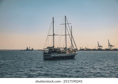 Classic Wooden Sailboat – A beautifully crafted wooden sailboat sails smoothly across the ocean, representing timeless elegance and craftsmanship. - Powered by Shutterstock