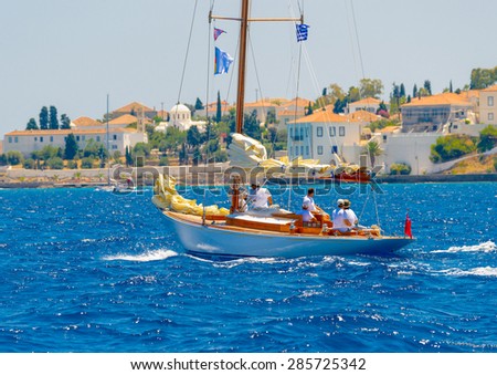 classic wooden sailing boat in a race, Spetses island in Greece