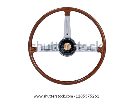 classic wooden sports car steering wheel isolated on white