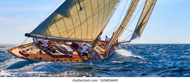 Classic Yacht Under Full Sail At The Regatta. Sailing Yacht Race