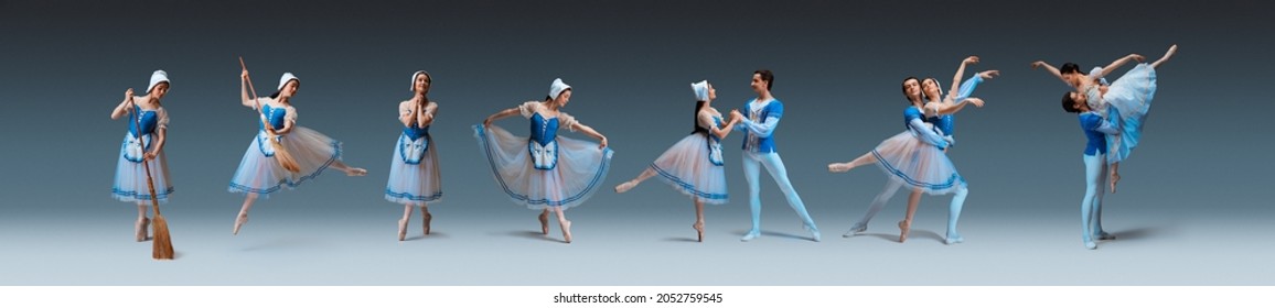 Classical ballet school. Composite image of portraits of ballet dancers couples in theater performance Cinderella isolated on gray background. Concept of art, beauty, aspiration, creativity