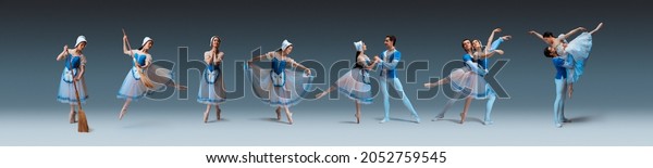 Classical ballet school. Composite image of\
portraits of ballet dancers couples in theater performance\
Cinderella isolated on gray background. Concept of art, beauty,\
aspiration,\
creativity