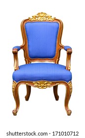 Classical Carved Wooden Chair And Blue Fabric