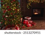 Classical Christmas decorated interior living room with fireplace. Christmas tree with red golden ornament decorations gift boxes. Modern classic style interior design apartment. Christmas eve at home