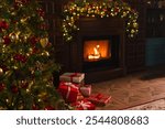 Classical Christmas decorated interior living room with fireplace. Christmas tree with red golden ornament decorations gift boxes. Modern classic style interior design apartment. Christmas eve at home