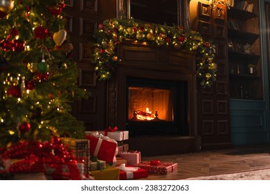 Classical Christmas decorated interior living room library with fireplace. Christmas tree with red golden ornament decorations. Modern classic style interior design apartment. Christmas eve at home - Powered by Shutterstock