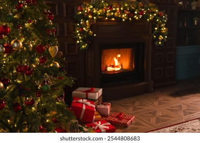 Classical Christmas decorated interior living room with fireplace. Christmas tree with red golden ornament decorations gift boxes. Modern classic style interior design apartment. Christmas eve at home - Powered by Shutterstock