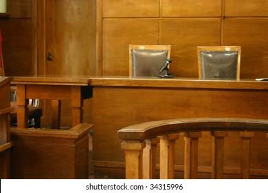 Classical Court Room With 2 Chairs, Wooden Bench And Interior.