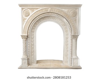Classical decorative marble arch wall niche with ornate carvings and columns isolated on white transparent background.