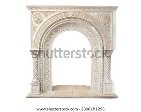 Classical decorative marble arch wall niche with ornate carvings and columns isolated on white transparent background.
