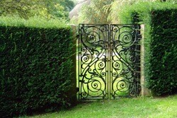 Classical Design Black Wrought Iron Gate In A Beautiful Green Garden