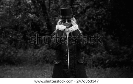 Similar – Image, Stock Photo Woman opening arms while enjoys nature in a tree forest.