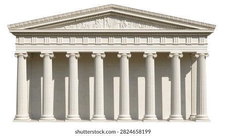 Classical Greek temple facade with ionic columns and ornate pediment sculpture